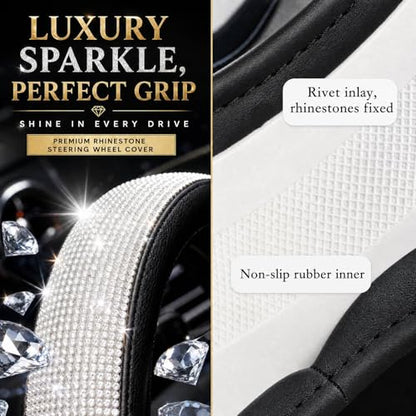 Bling Rhinestone Car Steering Wheel Cover for Women,PU Leather Crystal Diamonds Crown Steering Wheel Covers Non-Slip Universal 15"/38 cm (Black) - color: Black