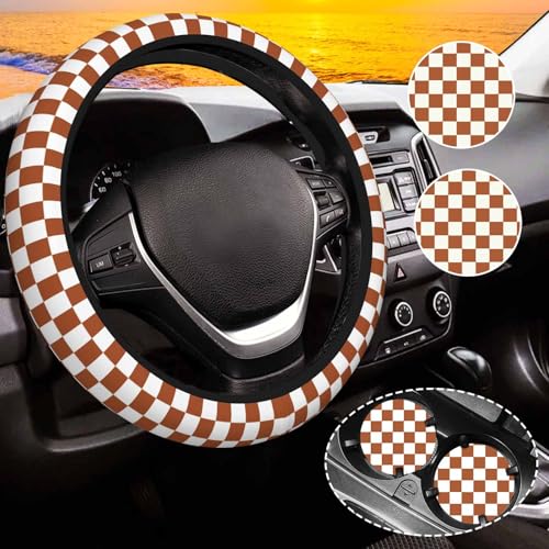 Brown Checkered Steering Wheel Cover for Women,Universal Auto Steering Wheel 14-15 Inch Car Interior Accessories with 2PCS Car Coasters,Suitable for Men and Women - color: brown