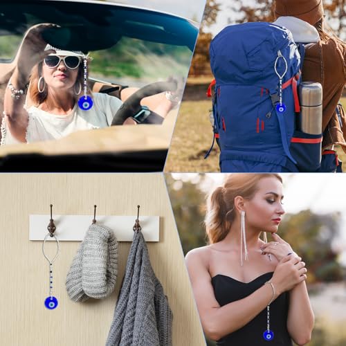 COMNICO Evil Eye Car Hanging Ornament, Classic Blue Evil Eye Beaded Charms Rear View Mirror Pendent Decor Car Accessories for Window Door Wall(White Beads) - style: White beads