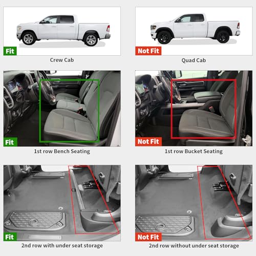 LASFIT Floor Mats for Ram 1500 Crew Cab 2019-2024 Bench Seat (NOT for Bucket/Classic Model/Quad Cab) with Rear Under-Seat Storage 4 Full Size Doors, All Weather TPE Custom Fit 1st & 2nd Row, Black - style: 1) 1500 | 2019-2024 |Crew Cab with Storage Bench