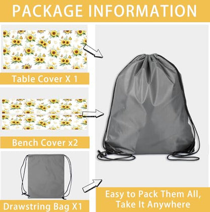 Sunflowers Table Cover with Bench Covers Waterproof Windproof Elastic Fitted Outdoor Camping RV Tablecloths with Drawstring Bag Reusable Rectangle Rectangle Tables and Seats Cover 30X96IN - color: Yellow, size: 30" x 96" (Rectangular)