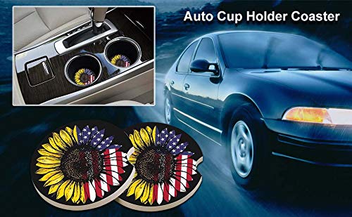 Sunflower & USA Flag 2.56" Car Coasters 2-Pack - Absorbent Ceramic Auto Coasters for Cup Holders, Keeps Your Car Clean & Dry - color: Sunflower and Usa Flag