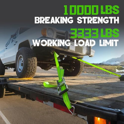 4PCs 2" x12' Recovery Winch Strap w/RTJ Cluster Hook, 10000LBS Tow Truck Car Wrecker Winch Tie Down Straps, Heavy Duty Autohauler Car Tie Down Straps(Green) - size: 2"x12FT(4PCs)-Green