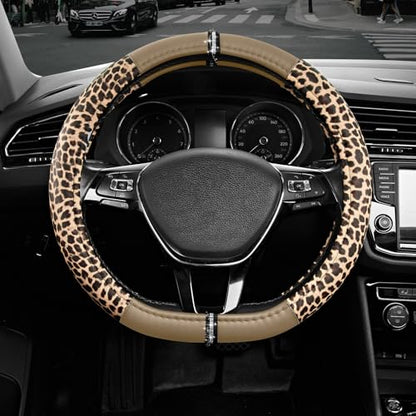 Road Comforts Leopard Steering Wheel Cover for Women, Cute Anti-Slip Microfiber Leather, Fits D Shape Flat Bottom Steering Wheel 14.5-15 Inch - Beige - color: D Shape-Beige
