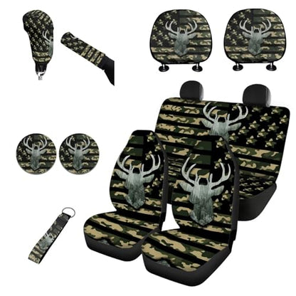 Horeset Camouflage Car Seat Cover Full Set of 11pcs with Headrest Protector Lanyards Key Chain Cup Pad Gear Shift Knob & Handbrake Sleeve Automotive Seat Cover American Flag Deer - color: Camouflage American Flag Deer