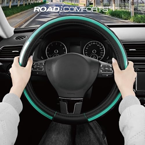 Road Comforts Leather Steering Wheel Cover – Black & Green Universal Fit 14.5-15 Inch, Microfiber Leather, Anti-Slip & Breathable Design for Men and Women - color: Green