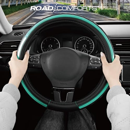 Road Comforts Leather Steering Wheel Cover – Black & Green Universal Fit 14.5-15 Inch, Microfiber Leather, Anti-Slip & Breathable Design for Men and Women - color: Green