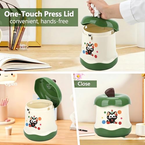 Cute Mini Desktop Trash Can - Small Desk Garbage Bin with One-Touch Press Lid - 6.3 Inch Plastic Waste Basket for Home Office, Bedroom, Vanity, Car - Cat Design (Green)