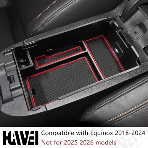 Center Console Organizer Tray Compatible with Chevy Equinox 2018 2019 2020 2021 2023 2024 Accessories, Armrest Insert Secondary Storage Box (Not Fit 2025 2026) Red Trim - color: red