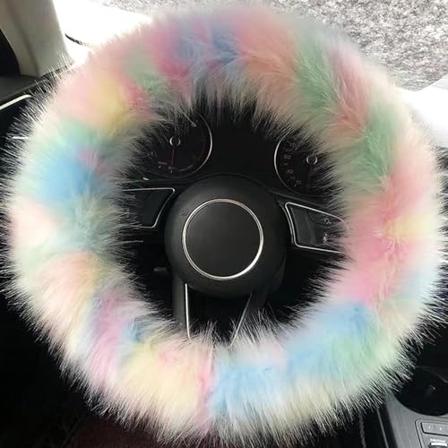 Fluffy Steering Wheel Cover, 15 inch Soft Wool Fur Steering Wheel Protector, Warm Winter Colorful Car Interior Decoration Accessories, for Women/Girls/Ladies (Multicolored)