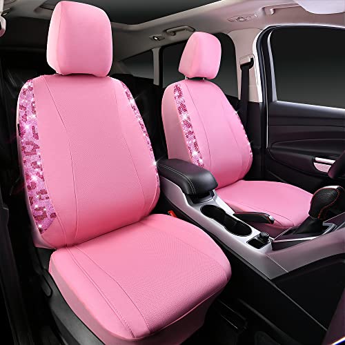 CAR PASS Leopard Diamond Car Seat Covers, Faux Leather Pink Bling Shining Rhinestones 2 Front, Universal Fit 95% Automotive Glitter Crystal Sparkle Strips for Cute Women Girl, Hot Pink - color: Leopard Print Pink, size: Two Front Seats