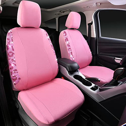 CAR PASS Leopard Diamond Car Seat Covers, Faux Leather Pink Bling Shining Rhinestones 2 Front, Universal Fit 95% Automotive Glitter Crystal Sparkle Strips for Cute Women Girl, Hot Pink - color: Leopard Print Pink, size: Two Front Seats
