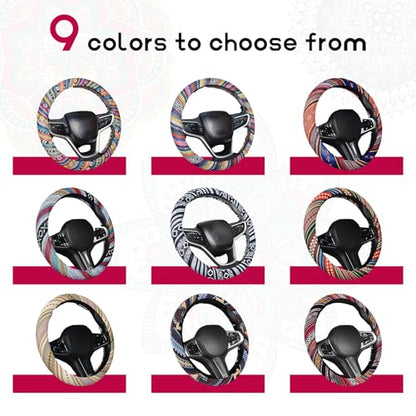 Boho Steering Wheel Cover, Anti-Slip Coarse Flax Cloth Ethnic Style Auto Wheel Cover, Breathable Boho Auto Steering Wheel Protector for Women Men, Car Accessories (Style J)