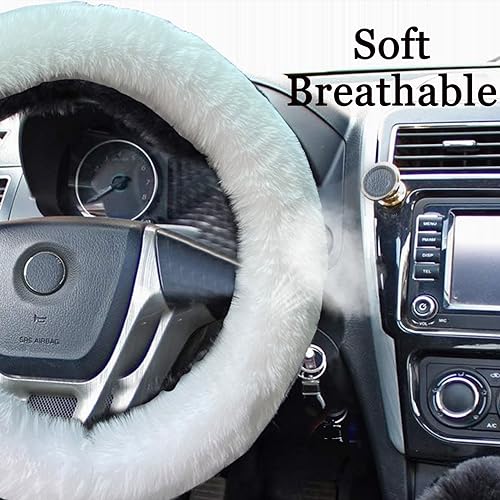 Fluffy Steering Wheel Cover for Women/Girls/Ladies Fuzzy Steering Wheel Cover Winter Warm Faux Wool Plush Car Wheel Cover Furry Steering Wheel Protector Universal Fit 15 Inch (White)
