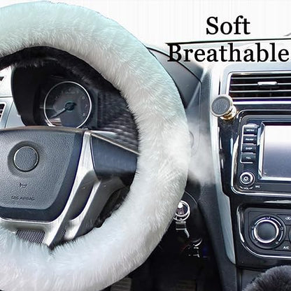 Fluffy Steering Wheel Cover for Women/Girls/Ladies Fuzzy Steering Wheel Cover Winter Warm Faux Wool Plush Car Wheel Cover Furry Steering Wheel Protector Universal Fit 15 Inch (White)