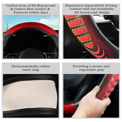 5D Honeycomb Black Red Car Steering Wheel Cover,14.5-15 Inch Universal Carbon Fibre Leather Covers Breathable Anti-Slip Odorless Steering Wheels Accessories for Men Women - color: 5D Honeycomb - Black Red