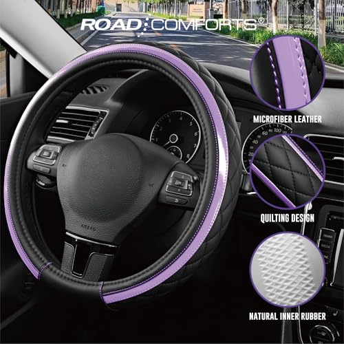 Road Comforts Leather Steering Wheel Cover – Black & Purple, Universal Fit 14.5-15 Inch, Microfiber Leather, Anti-Slip & Breathable Design for Men and Women - color: Purple