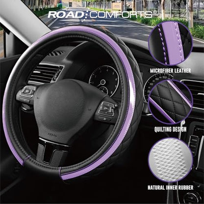 Road Comforts Leather Steering Wheel Cover – Black & Purple, Universal Fit 14.5-15 Inch, Microfiber Leather, Anti-Slip & Breathable Design for Men and Women - color: Purple