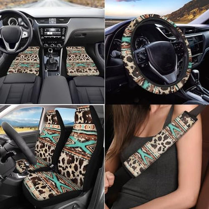 17 Pcs Aztec Cow Print Car Seat Covers Full Set with Floor Mats Steering Wheel Cover Shoulder Pads Armrest Pad Keychain Roof Gloves Cup Coaster Universal - color: Aztec Cow Print