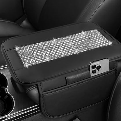 NBTEPEM Bling Car Armrest Cover, Universal Microfiber Leather Center Console Cover with 2 Pockets, Rhinestone Car Armrest Cushion Protector, Bling Accessories Interior (Silver Diamond) - color: Silver Diamond
