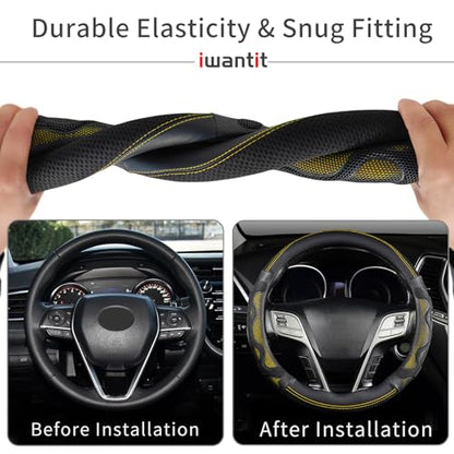 Iwantit® Steering Wheel Cover with 3D Honeycomb Anti-Slip Design and Breathable Fabrics and Pu Leather, Universal 14.5-15 Inch (Yellow/Black) - color: 004-Yellow/Black