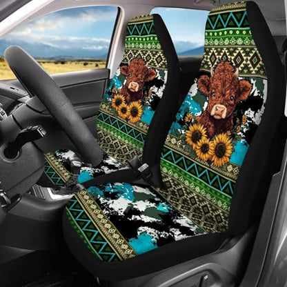 Howilath Aztec Sunflower Highland Cow Car Seat Cover Full Set 4-Piece Universal Fit Front & Rear Bench Car Seat Covers Auto Accessories Fit SUV Sedan Van - color: Aztec Sunflower Highland Cow