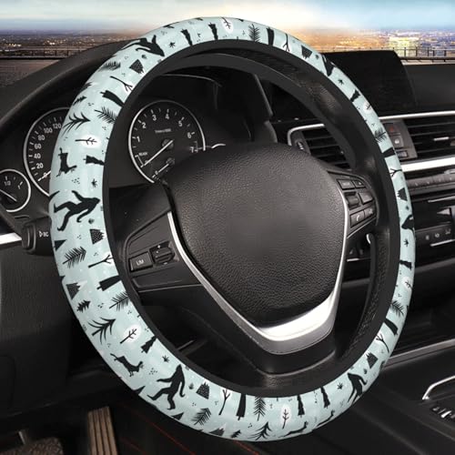 Bigfoot and Jackalope Winter Wilderness Car Steering Wheel Cover,Non-Slip Elastic Neoprene-Sweat Car Accessories,Universal 15 Inch Fit Auto, Vans Trucks,Suvs, Truck - color: Bigfoot