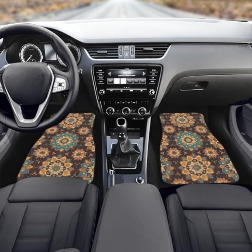 Mandala Car Rubber Floor Mat 4PCS Retro Ethnic Tribe Mandala Graphic Front and Rear Mats Rubbers Non Slip Floor Mats Heel Pad Gradient Lotus Flower Fit for SUV Van Truck - color: Retro Mandala Flower