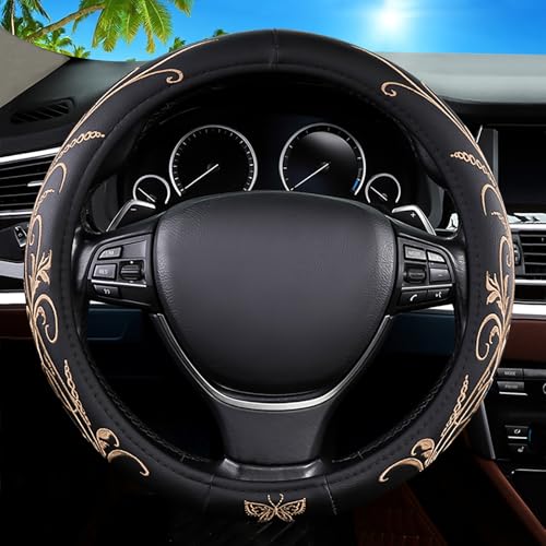 Car Leather Steering Wheel Cover - Panapi Material, Universal 14.5-15 Inch Leather Anti-Slip Breathable Auto Steering Wheel Covers for Men Women (Embroidery-Beige) - color: Embroidery-Beige