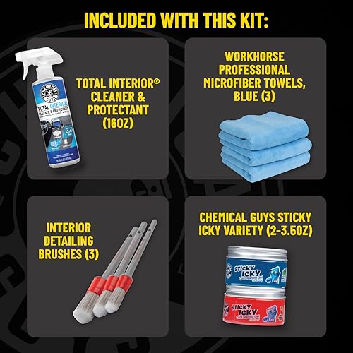 Chemical Guys Interior Cleaning Kit with Storage Bag Total Interior Cleaner Microfiber Towels Detailing Brushes and Sticky Gel Giftable Car Care Set - 10 Items - style: KIT + BAG