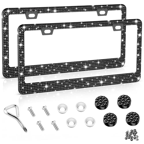 Amiss Bling License Plate Frame for Women, 2Pack Rhinestone Handcrafted Crystal Premium Stainless Steel, Stainless Steel Car Accessories with Diamond Sparkle Glitter Caps (Black) - color: Black, size: 2pc