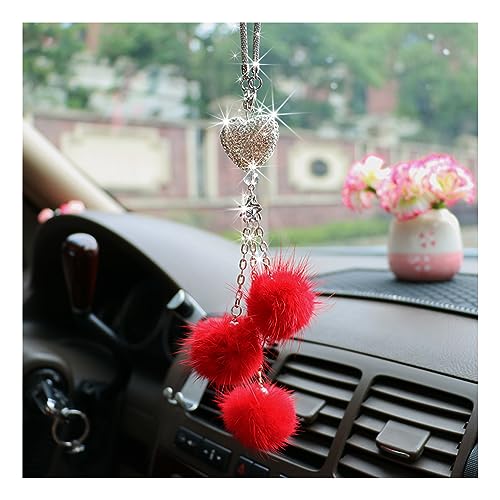 Ziciner Bling Diamond Heart Interior Accessories, Mirror Hanging Ornament for Women, Love Heart & Pink Plush Ball Decor Pendant, Car Decoration Charm (Red) - color: Red