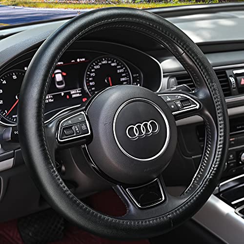 Haokay Heavy Duty Pure Cowhide Steering Wheel Cover, Black Genuine Leather Steering Wheel Cover Men Women Universal 14.5 to 15 Inch - color: BLACK-1