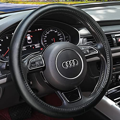 Haokay Heavy Duty Pure Cowhide Steering Wheel Cover, Black Genuine Leather Steering Wheel Cover Men Women Universal 14.5 to 15 Inch - color: BLACK-1