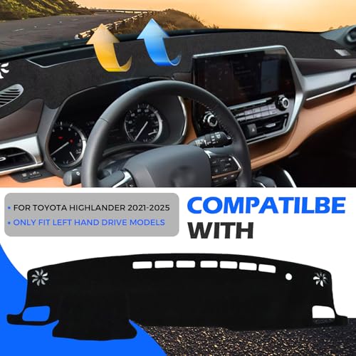 Dashboard Cover Dash Cover Mat Compatible with Toyota Highlander 2020 2021 2022 2023 2024 2025 (L, LE, XLE, XSE, Limited, Platinum) Accessories Cover No Glare Dash Cover Flannel Mat
