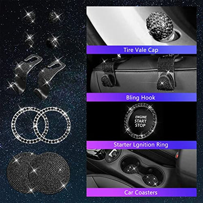 25PCS Bling Car Car Accessories Set,15 Inch Steering Wheel Cover,Shiny License Plate Frame,Center Console Cover and Rearview Mirror Set and Other Car Accessories(Black) - color: Black