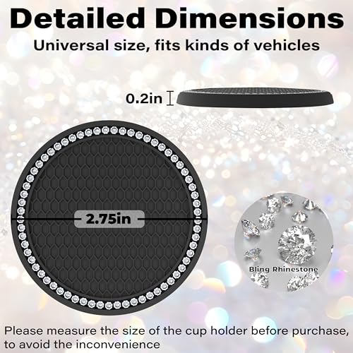 2 PCS Bling Cup Holder Coasters for Car, Car Accessories for Women 2.75 inch Diamond Universal Non-Slip Silicone Cup Holder Coasters, Sparkly Bling(White Diamond)