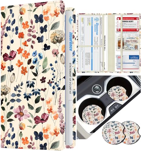 Slohif Car Registration and Insurance Holder - Plant Vehicle Glove Box Organizer Women with Magnetic Shut Leather Automobile License Holders Coasters Auto Accessories Case for Document - color: Watercolor