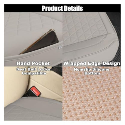 Leather Car Seat Cover, Auto Front Bottom Seat Cover Luxury Car Seat Protector Anti-Slip Waterproof Cushion Cover with Storage Pocket, for Most Cars, Trucks, SUVs (Light Grey)