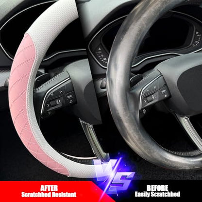 LKWLIKEI Nappa Leather Steering Wheel Cover,Elegant Diamond Checkered Design, Non-Slip wear-Resistant, Enhance Driving Comfort, Suitable for Steering Wheel Diameter 14 1/2‘-15’ Models.White and Pink - color: White and pink