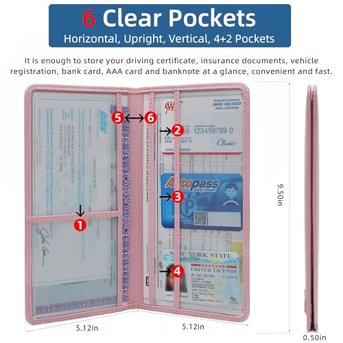 Premium Car Registration & Insurance Card Holder with Magnetic Closure & Clear Pockets, Glove Box Organizer for Documents, Driver's License (pink) - color: Jujube red