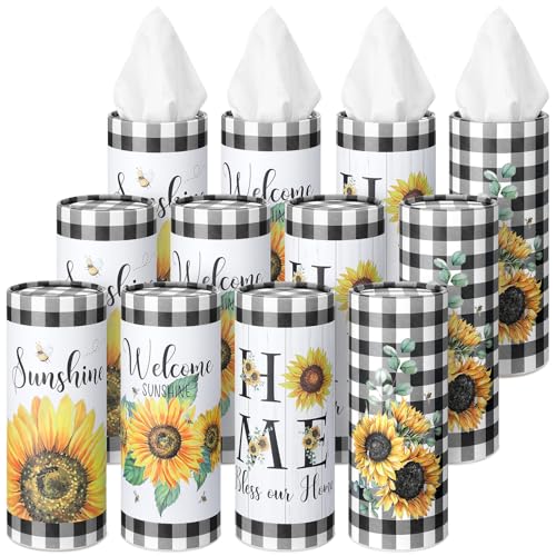 12 Pack Sunflower Tissue Boxes for Car Cylinder Bulk Black White Plaid Flower Round Cylinder Holder with 3 Ply Facial Tissues for Spring Summer Travel Bathroom Office Decoration - style: Sunflower