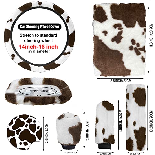 JINGSEN11 Pieces Fluffy Car Accessories Set,Fluffy Cow Print Plush Steering Wheel Covers for Women Soft Fleece Handbrake Cover Shift Cover Car Trim Warm Non-Slip(Brown) - size: brown