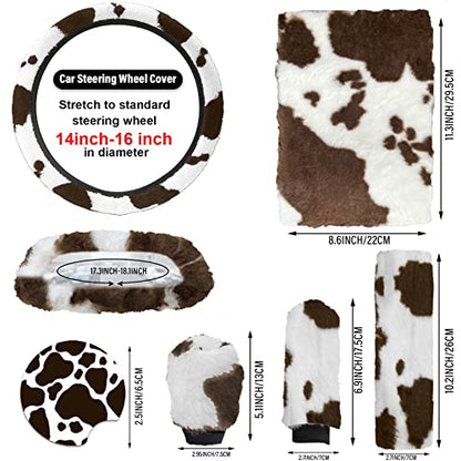 JINGSEN11 Pieces Fluffy Car Accessories Set,Fluffy Cow Print Plush Steering Wheel Covers for Women Soft Fleece Handbrake Cover Shift Cover Car Trim Warm Non-Slip(Brown) - size: brown