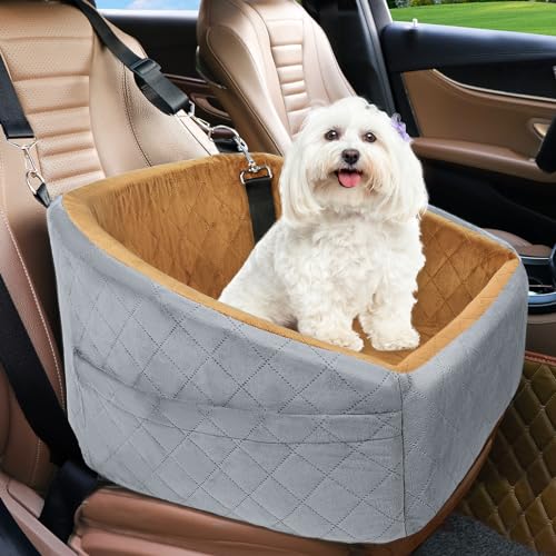 Dog Car Seat for Small Medium Dogs,Detachable Washable Dog Booster Seat Under 30lbs, Pet Car Seat Travel Bed with Storage Pockets and Dog Safety Belt(Grey/Brown)