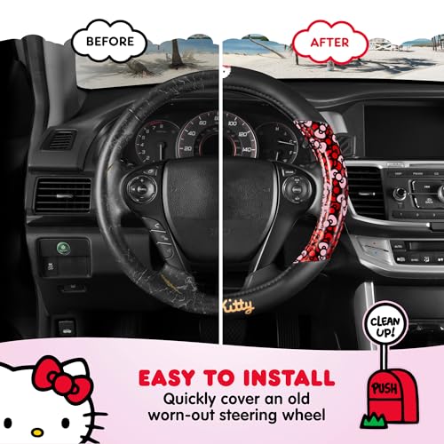Hello Kitty Steering Wheel Cover Official Sanrio Car Steering Wheel Cover 14.5-15.5 Universal Fit Cute Black Kawaii Car Accessories Non Slip Wheel Cover Women Interior Style (Hello Kitty Bows) - style: Hello Kitty Bows