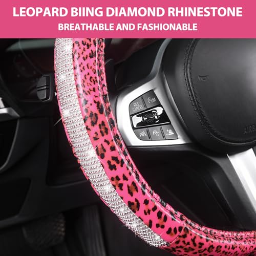 AUTOYOUTH Leopard Print Steering Wheel Cover - Bling Crystal Rhinestones Cheetah Print on PVC Leather Non-Slip Breathable Design for Women/Girls Universal Fit 14.5-15 Inch - Pink - color: PINK