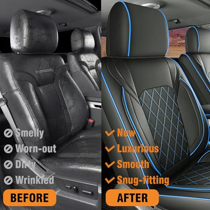 F150 Seat Covers Full Set, Faux Leather Truck Seat Covers Diamond Quilted Custom Fit for 2009-2026 F-150 SuperCrew & 2017-2026 F250 F350 F450 Crew Cab XL XLT Lariat King Ranch (Black & Blue) - color: Black & Blue, size: Front & Rear