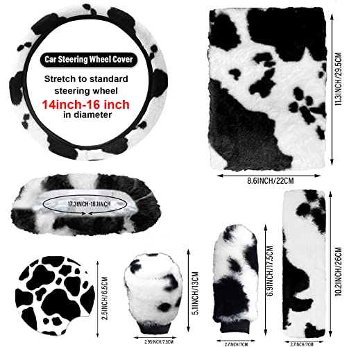 JINGSEN11 Pieces Fluffy Car Accessories Set,Fluffy Cow Print Plush Steering Wheel Covers for Women Soft Fleece Handbrake Cover Shift Cover Car Trim Warm Non-Slip (Black) - size: black