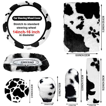 JINGSEN11 Pieces Fluffy Car Accessories Set,Fluffy Cow Print Plush Steering Wheel Covers for Women Soft Fleece Handbrake Cover Shift Cover Car Trim Warm Non-Slip (Black) - size: black